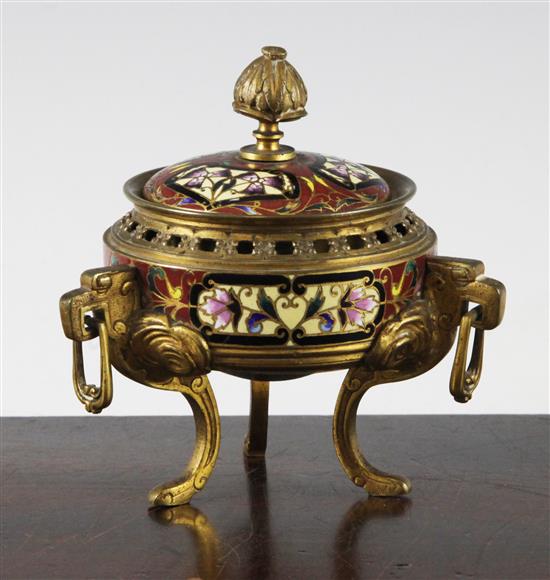 A late 19th / early 20th century French champleve and ormolu vase and cover, 4.5in.